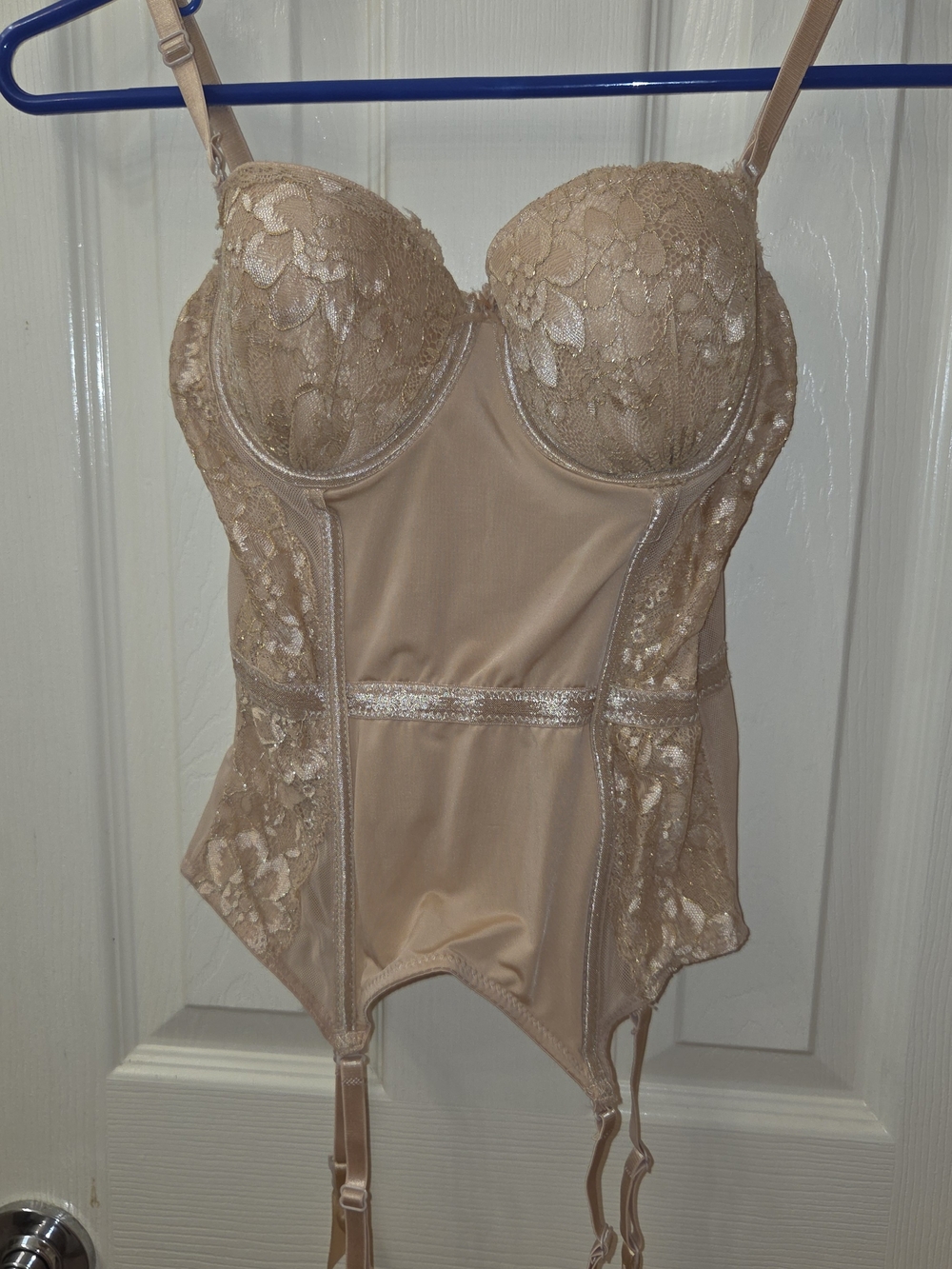 Frederick's of Hollywood Champagne Lace Bustier with Garters